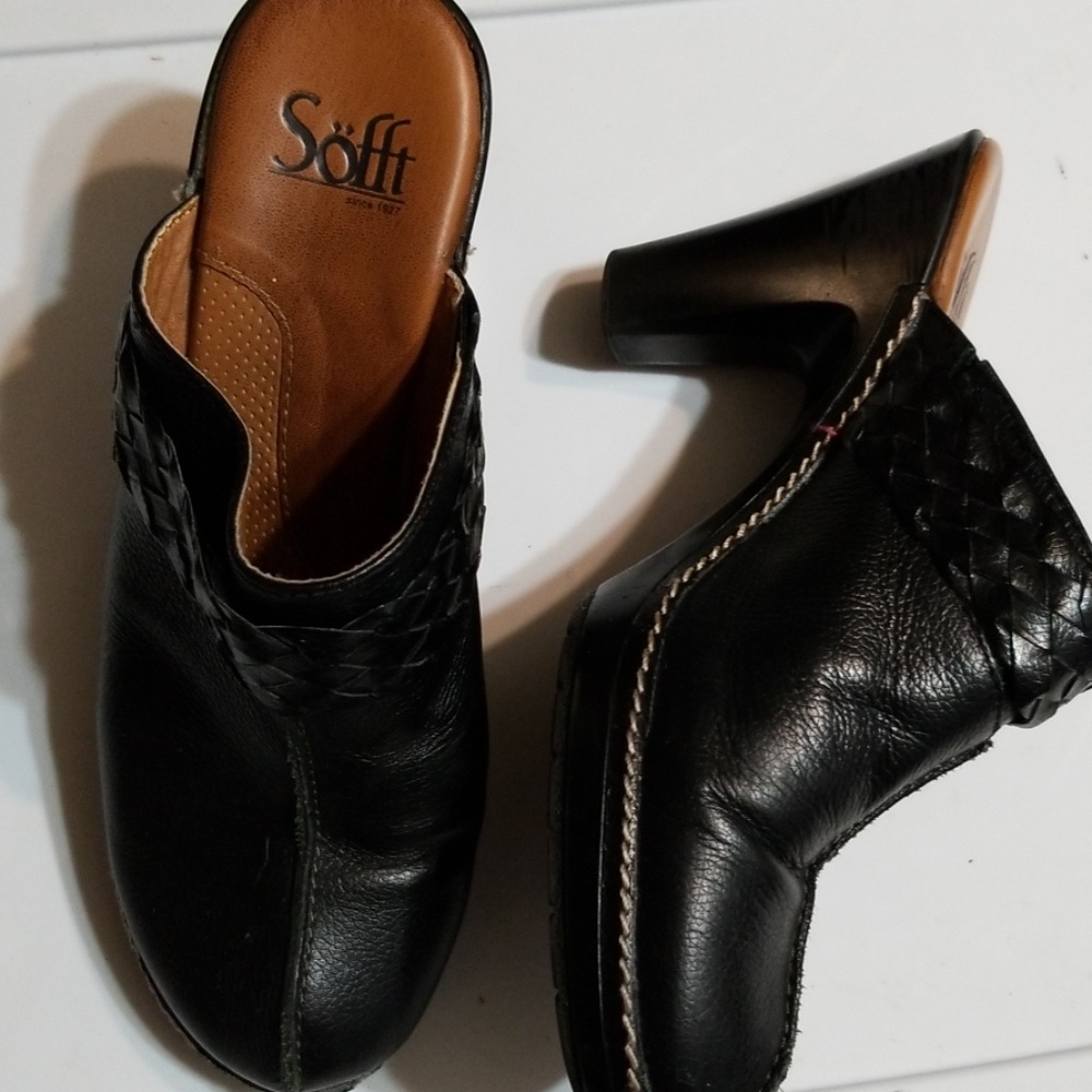 Sofft Leather Clogs Mules Heels Black 7.5